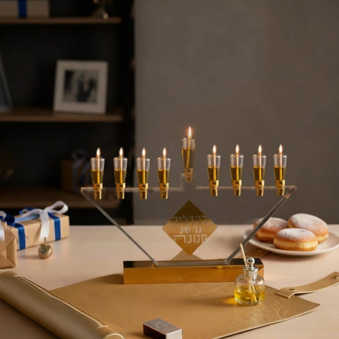 Leather menorah tray holding a nine-branch menorah and candles, set for Hanukkah lighting on a Waterdale Collection mat