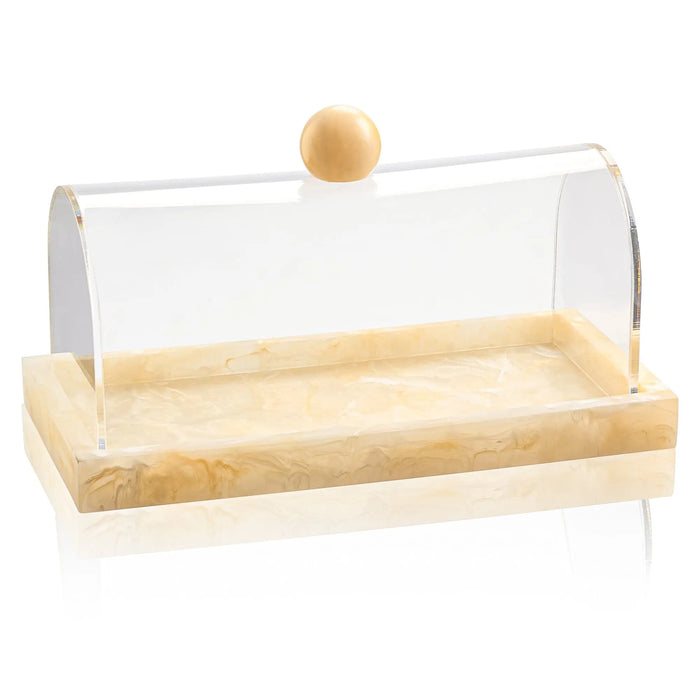 Small rectangular resin cake dome with natural wood base and clear acrylic cover, featuring a wooden knob on top.
