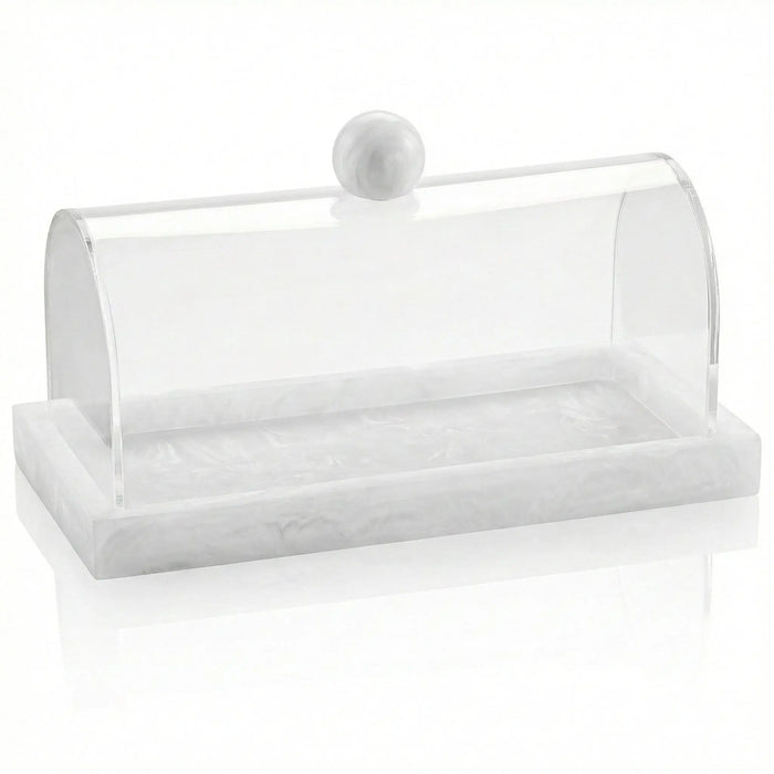 Small rectangular resin cake dome with clear acrylic cover and white base, ideal for serving and protecting baked goods at gatherings.