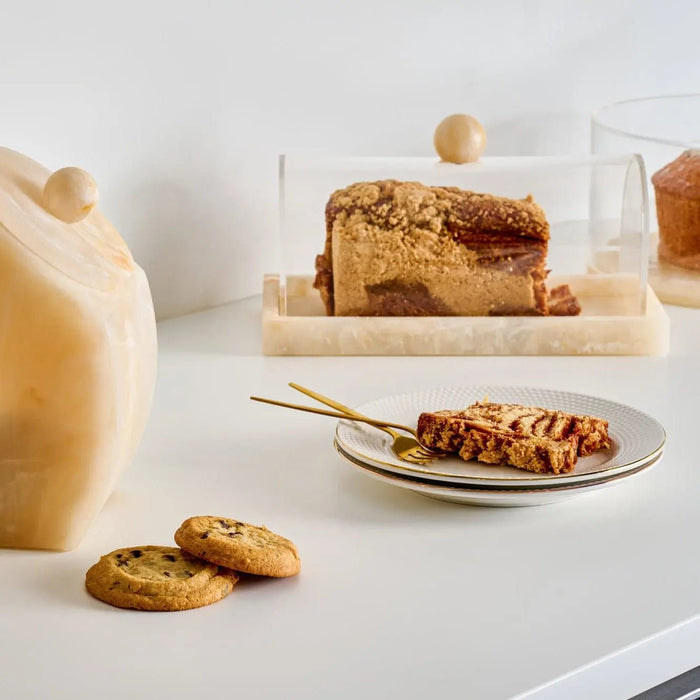 Small rectangular resin cake dome by Waterdale Collection displayed with sliced cake, cookies, and beverage on white surface.