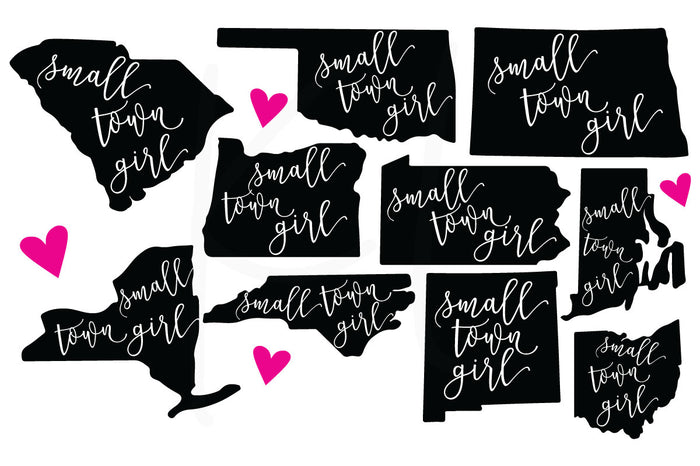Collection of All 50 States with Small Town Girl Quote Knocked Out and Hand Drawn Heart to Personalize Your Location - Perfect for State Pride Shirts | SVG DXF PNG Cut Files