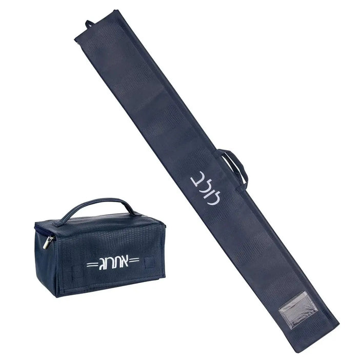 Gray smooth leather esrog bag shown closed and open, with room inside for your cardboard esrog box, for Sukkot