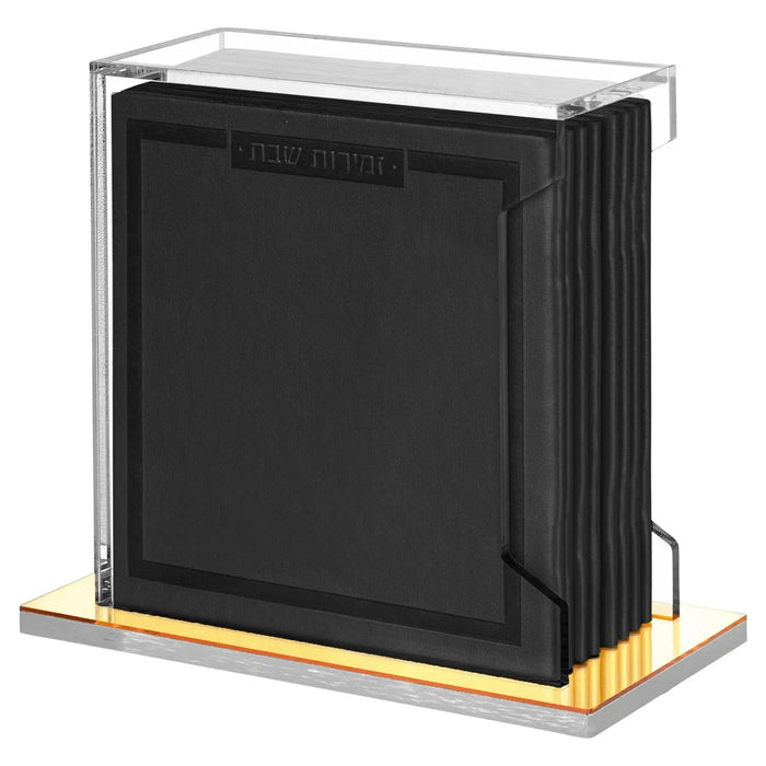 Softcover leather bencher set with cream and gold accents displayed in clear acrylic case with gold base stand.