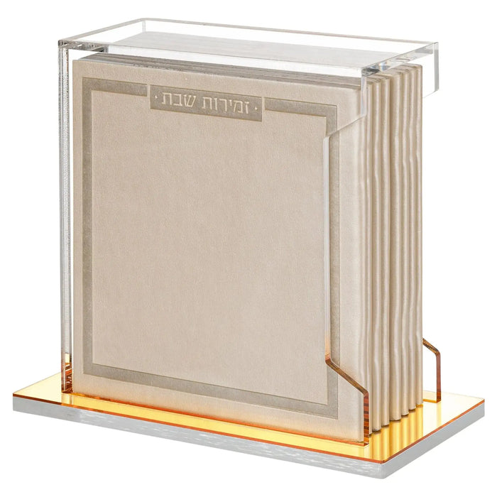 Cream and gold softcover leather bencher set with lucite case, displayed against white background showing front cover and protective acrylic housing.