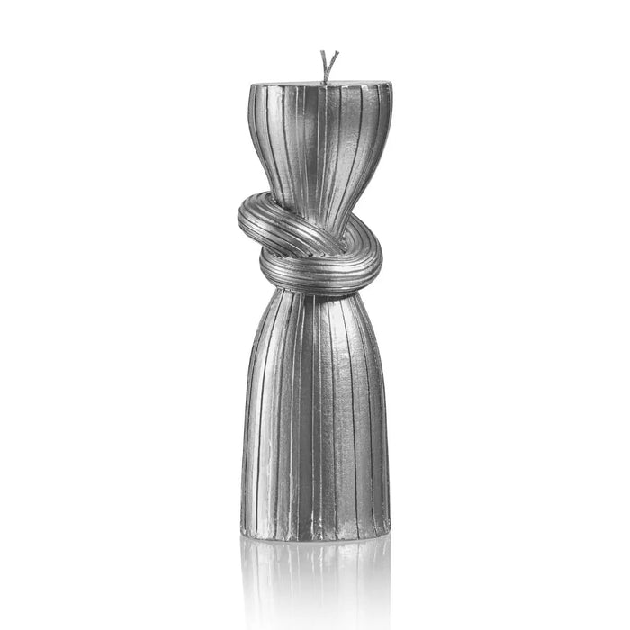 Spiral Havdalah candle with twisted silver-gray design, tapered shape, ideal for Jewish holiday ceremonies and entertaining.