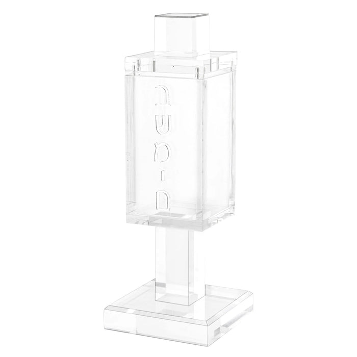 Square metal besamim holder with pedestal base, clear glass container on top, silver finish, Shabbat spice jar for Jewish home use.