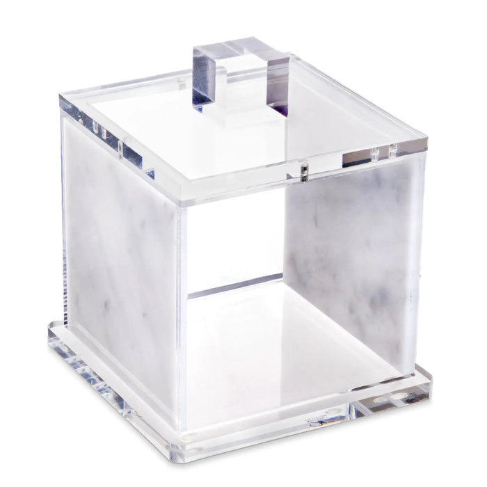 Clear acrylic square canister with marble design and metallic silver handle by Waterdale Collection, serveware storage.
