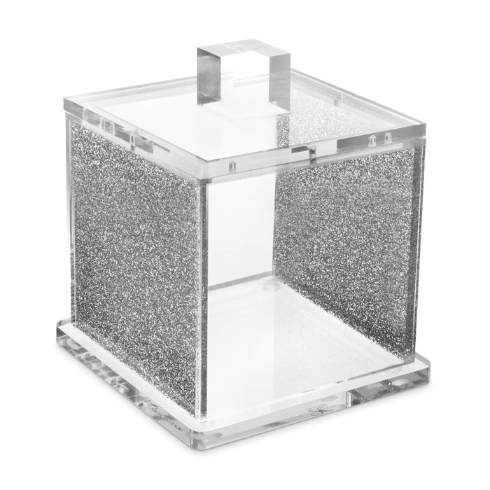 Square glitter canister with clear acrylic top and metallic speckled sides, shown open to display interior storage space for kitchen serveware.