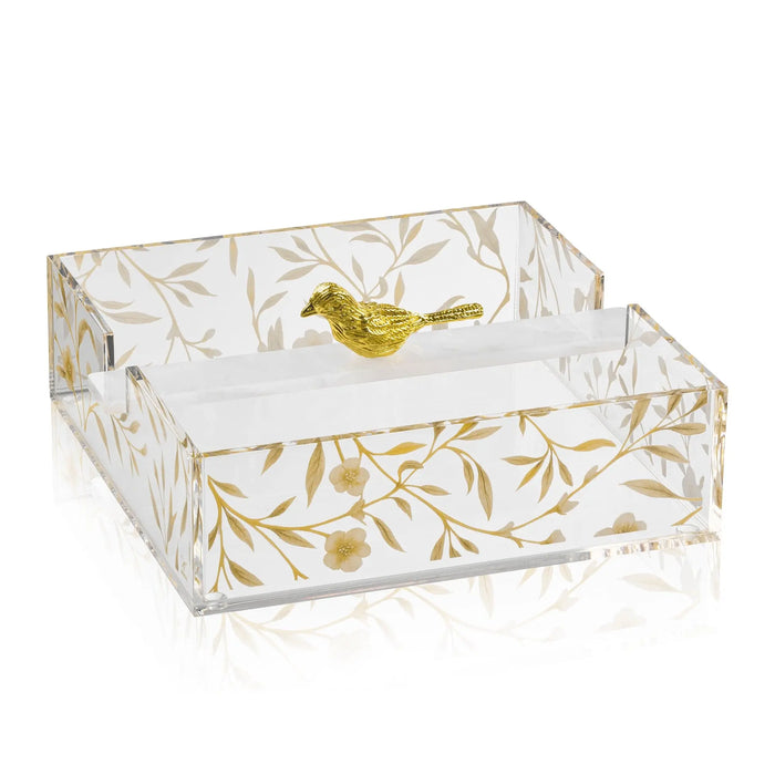 Square floral bird napkin holder with gold leaf design on white acrylic, perfect for elegant table settings and hostess gifts.