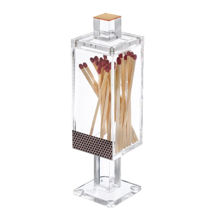 Clear acrylic square match holder with wooden matches inside, wooden top, perfect for Shabbat and candle lighting ceremonies.