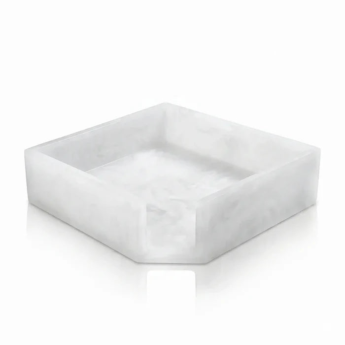 White square resin napkin holder with clean lines and subtle marble texture detail, perfect for Pesach and Shabbos table settings.