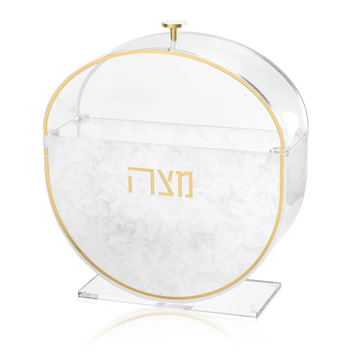 Standing pearlstone matzah box with gold-tone frame and Hebrew text, displayed on white base for Pesach table décor.