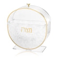 Standing pearlstone matzah box with gold-tone frame and Hebrew text, displayed on white base for Pesach table décor.