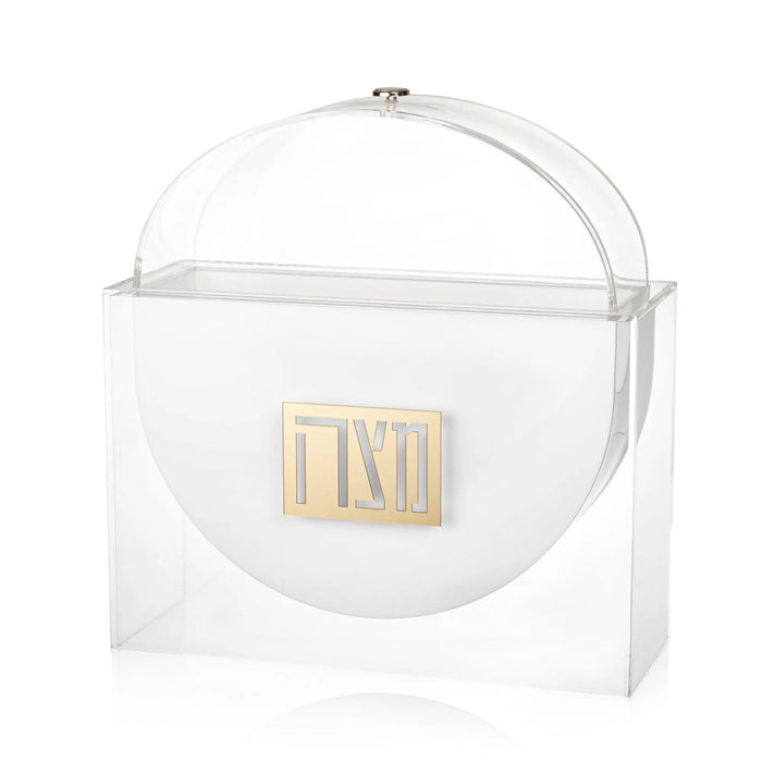 Standing Suspended Matzah Box in clear lucite with gold metal plate, modern tabletop Pesach storage design by Waterdale Collection.