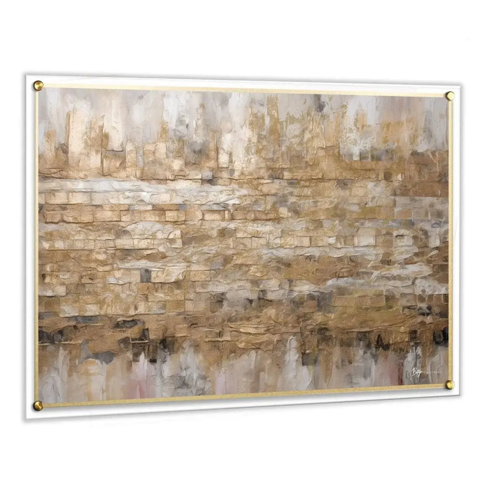 Stones of Reflection wall art painting featuring textured layers of golden and beige tones depicting the Western Wall in Jerusalem, framed in white.