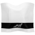 White fabric challah cover with black stripe and leather band detail from Waterdale Collection