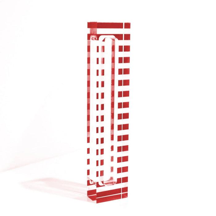 Red and white striped mezuzah case with geometric pattern design, vertical rectangular shape for doorway wall mounting.