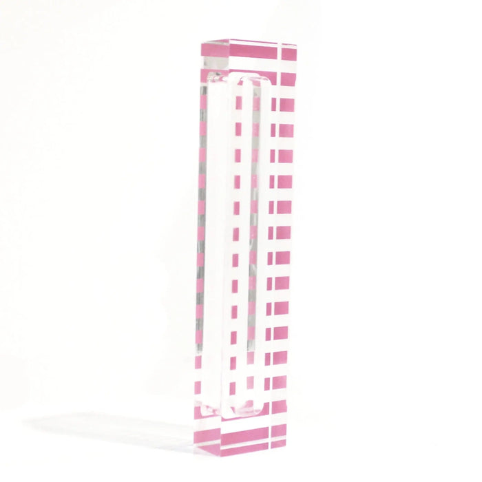 Pink striped mezuzah case with vertical design and measurement markings on the side, ideal for doorway wall art decor.