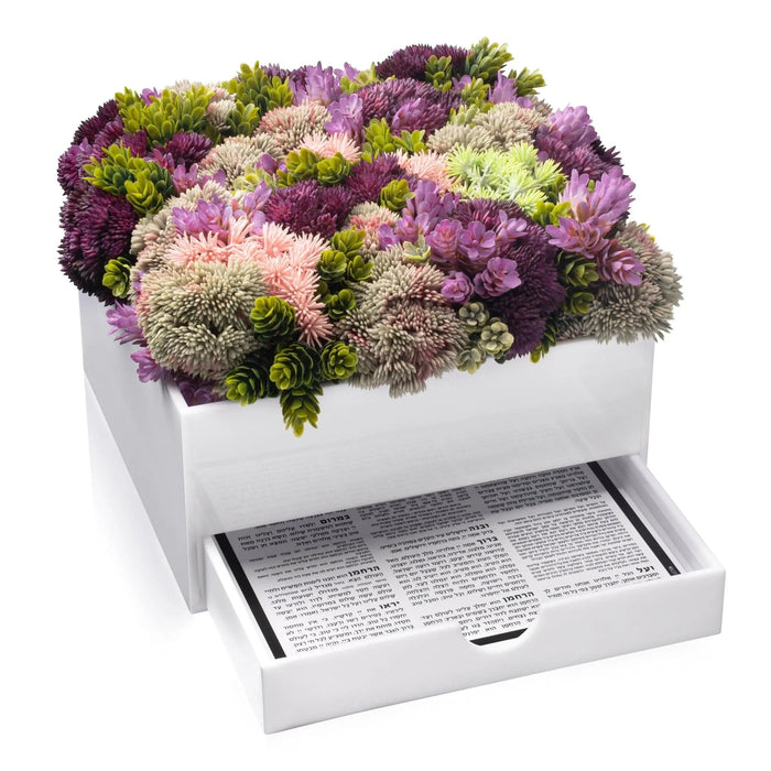 Succulent Bencher Set with mixed purple, pink, and white faux flowers in white rectangular vase with drawer base.