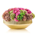 Succulent pink flower pot with faux mixed florals in gold ceramic bowl planter, tabletop décor arrangement by Waterdale Collection.