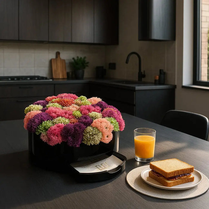 Pink round vase with faux floral arrangement on modern kitchen counter, styled with orange juice and toast for table decor