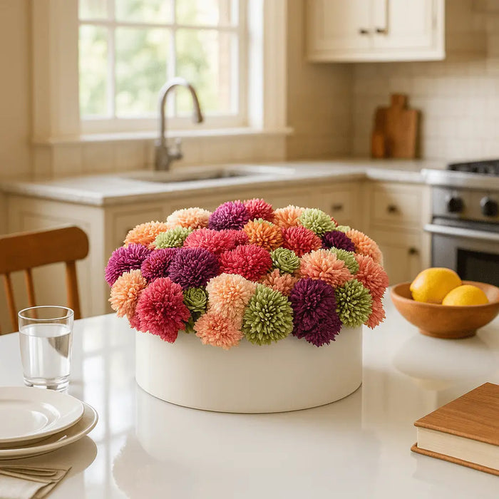 Succulent pink round vase with colorful faux dahlias in coral, magenta, and green on a white kitchen countertop beside lemons and place settings.