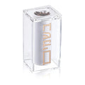 Clear acrylic suspended besamim jar with copper text detail, classic match holder design for Shabbat table by Waterdale Collection.