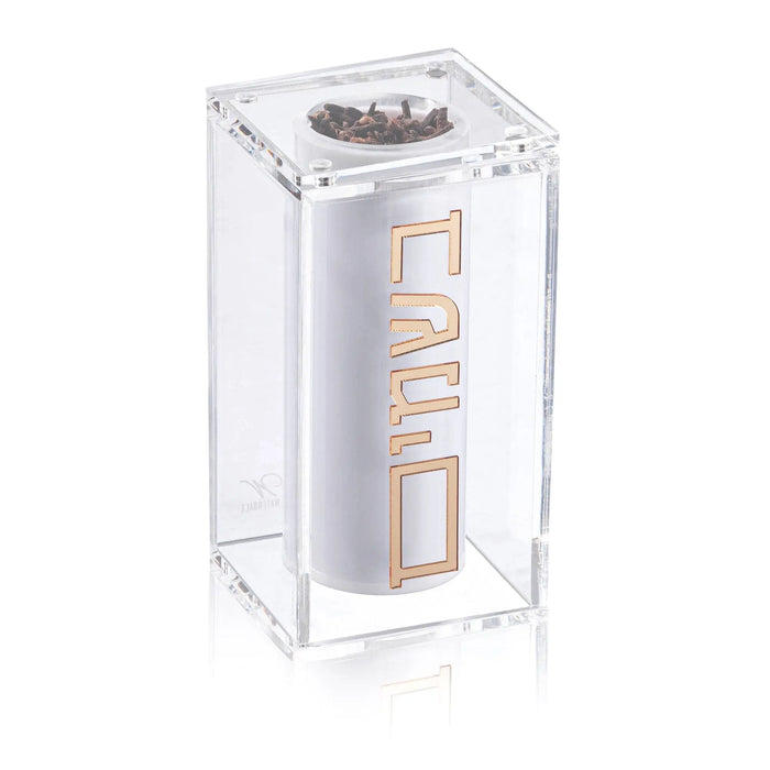 Clear acrylic suspended besamim jar with copper text detail, classic match holder design for Shabbat table by Waterdale Collection.
