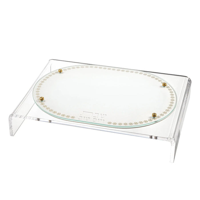 Suspended Marquesa Challah Board with clear acrylic frame and white woven center tray, featuring gold corner accents for Shabbat.