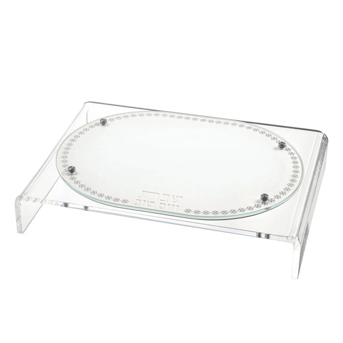 Clear acrylic Suspended Marquesa Challah Board with elegant curved edges and metal feet, perfect for Shabbat table service.