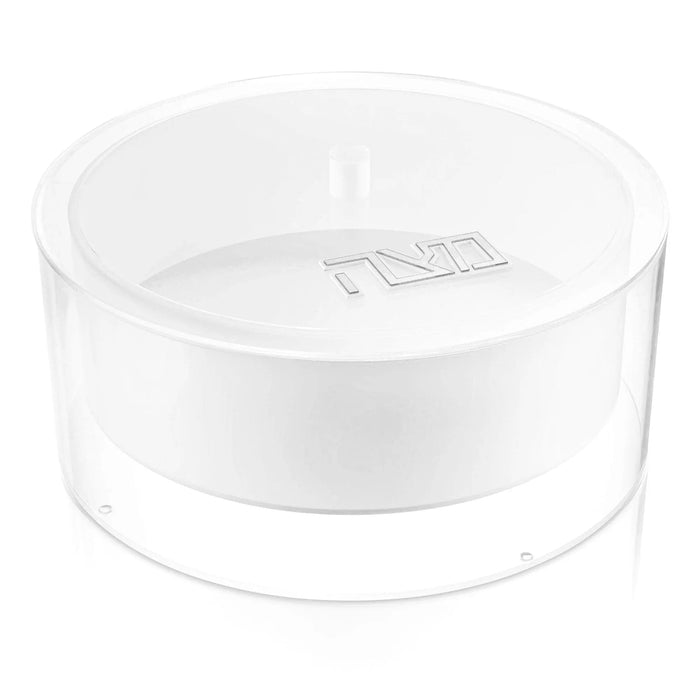 Clear lucite suspended matzah box by Waterdale Collection, featuring a white lid and cylindrical design for Pesach table storage.