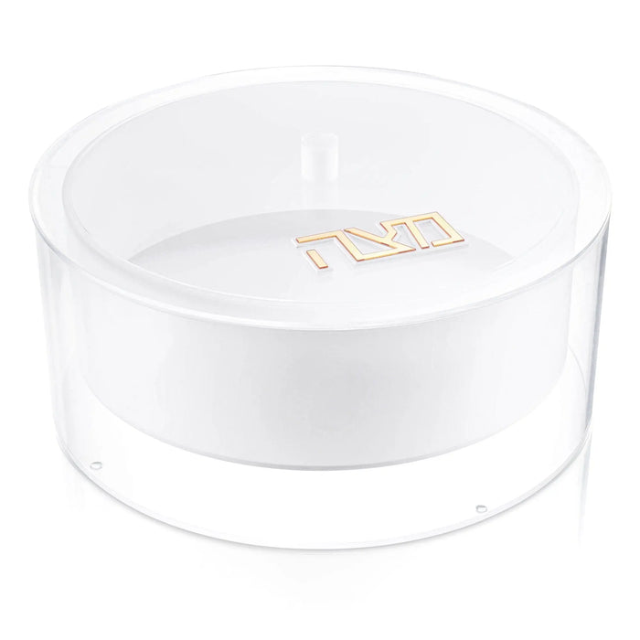 Suspended Matzah Box in clear lucite with white lid, modern Pesach tabletop storage for holiday matzah.