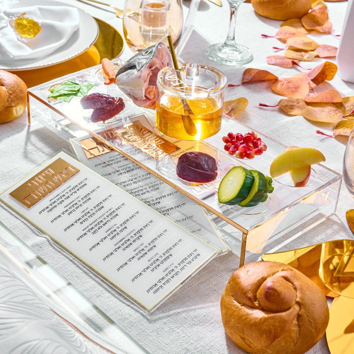 Suspended simanim (סימנים) tray card set styled with the Rosh Hashana foods
