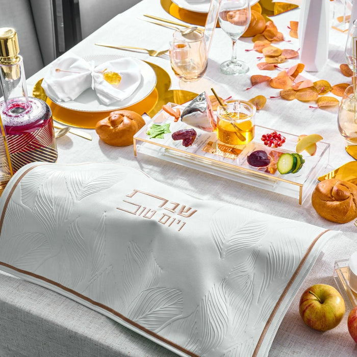 Suspended simanim tray card set with the symbolic Jewish New Year foods and gold accents