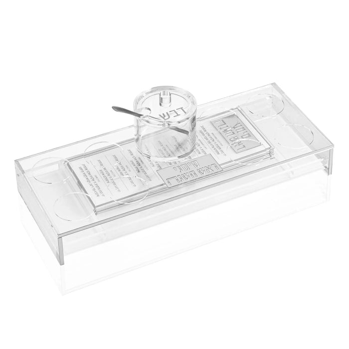 Silver suspended Lucite simanim tray with a spot for each siman (ראש השנה)