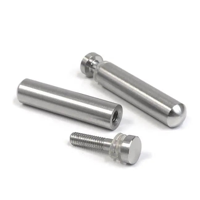 Stainless steel tabletop pegs from Waterdale Collection, including two cylindrical pegs and one threaded screw hardware component.