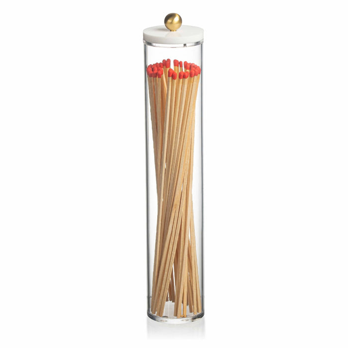 Tall cylinder glass match holder with wooden matches and brass top, by Waterdale Collection for Shabbat and holiday candle lighting.