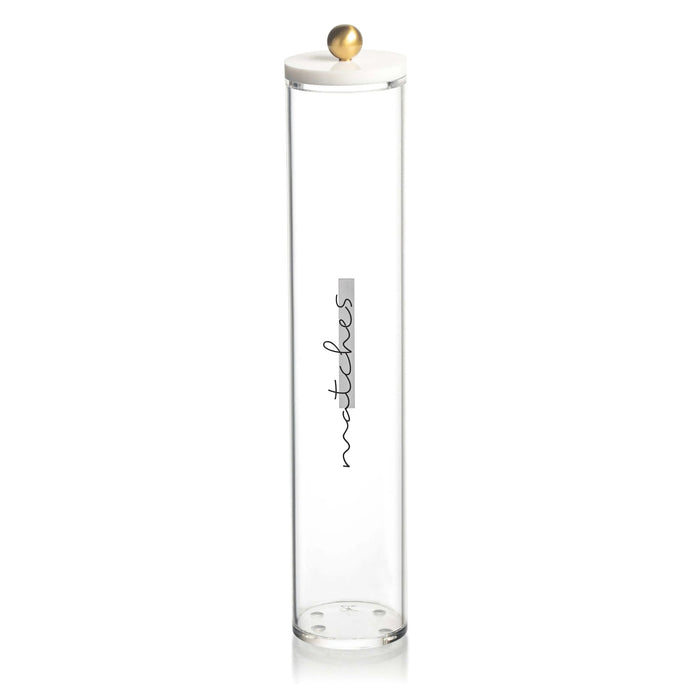 Tall cylinder glass match holder with white ceramic lid and brass finial by Waterdale Collection for Shabbat candle lighting.