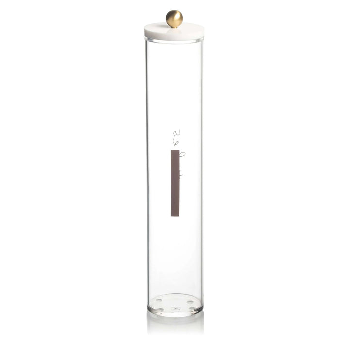 Tall glass cylinder match holder with wooden stopper and brass top, perfect for Shabbat candle lighting and table décor.