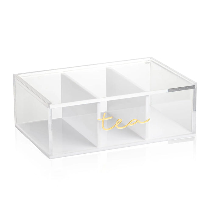 Clear acrylic tea caddy organizer with divided compartments for storing tea bags and loose leaf tea, modern tabletop storage design.