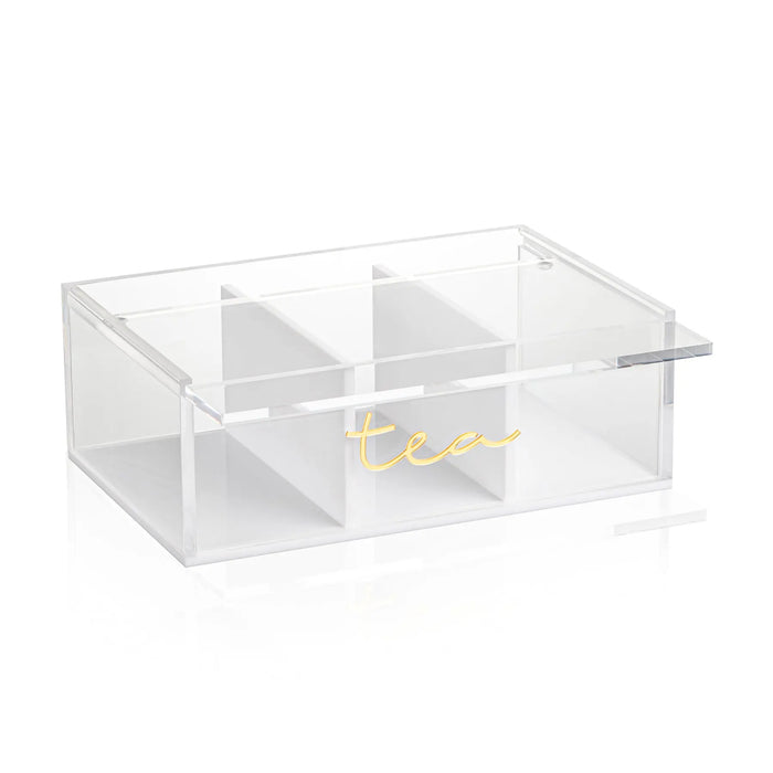 Clear acrylic tea caddy with four divided compartments, ideal for organizing loose leaf tea or tabletop storage.