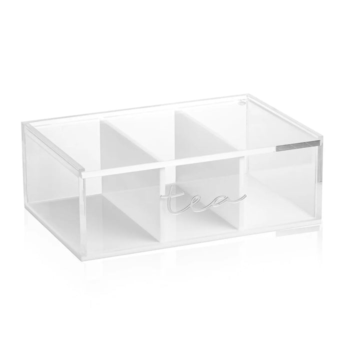Clear acrylic tea caddy with divided compartments for organizing silverware and table accessories on display.
