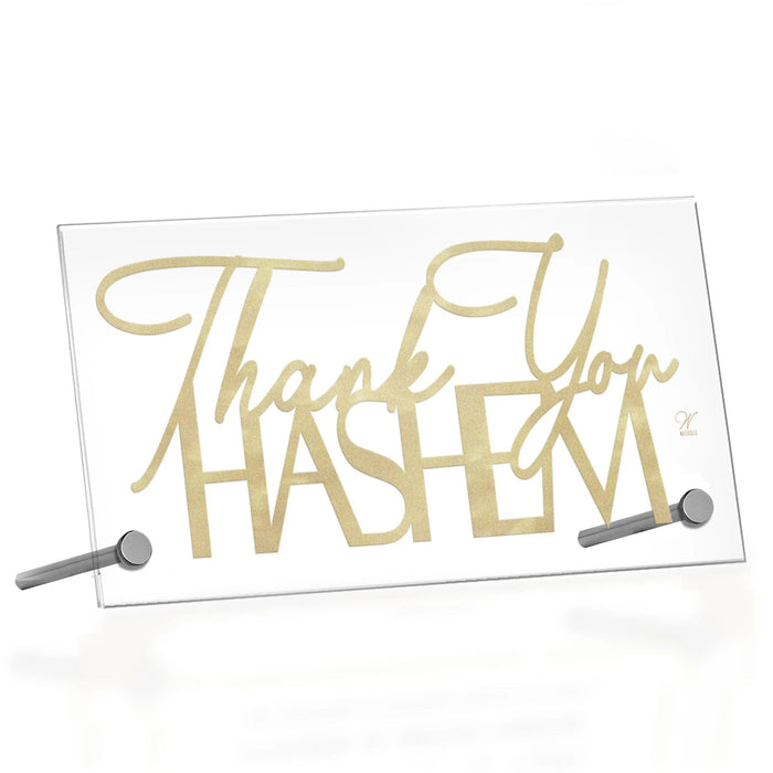 Thank You Hashem Basic Tabletop plaque in gold script on white acrylic with stand, Jewish home decor