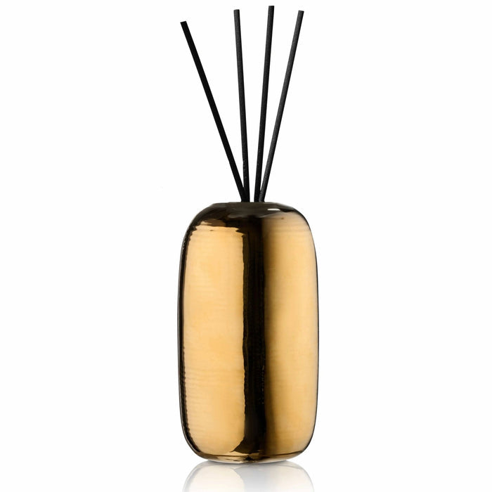 Gold Fluted Scent Diffuser by Waterdale Collection with black reeds, elegant cylindrical design for home fragrance.