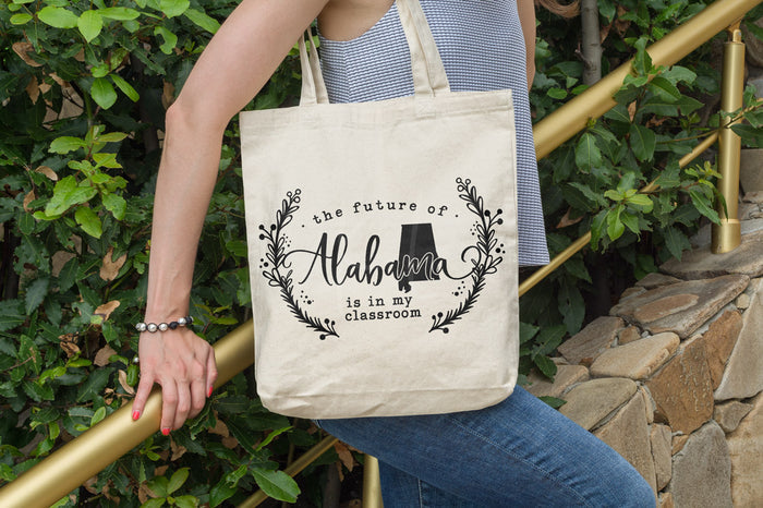 Teacher tote with the The Future of Alabama Is in My Classroom svg cut file