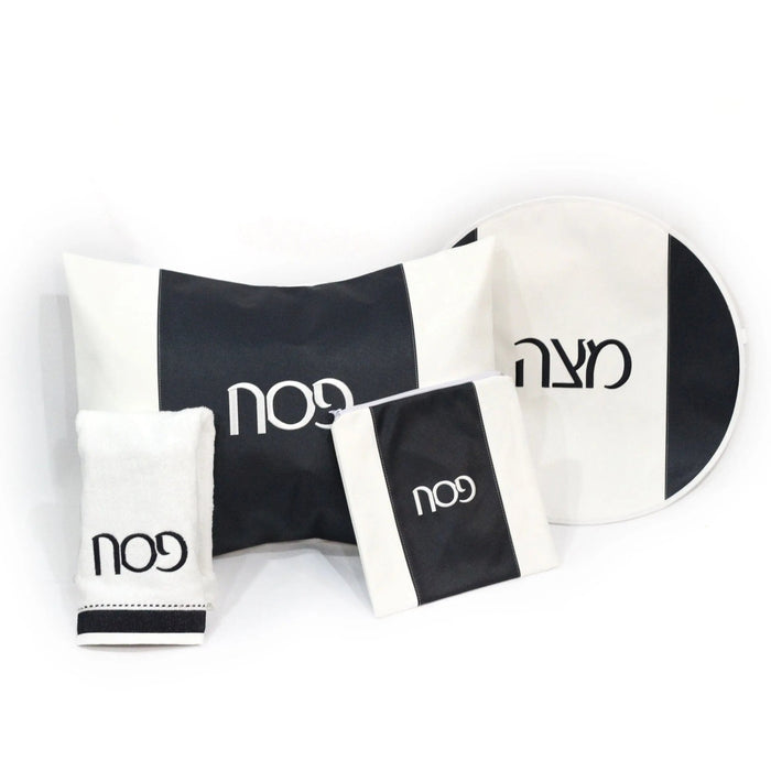 Navy and white leather Three Sections Pesach Set by Waterdale Collection, featuring compartmented serving pieces with Hebrew text detailing.