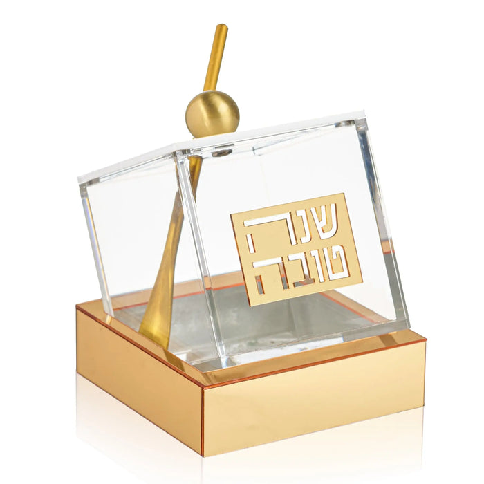 Gold Tilt honey dish in clear Lucite with cover and spoon for Rosh Hashanah, from Waterdale Collection