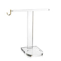 Clear acrylic towel and cup stand with ring holder from Waterdale Collection, featuring a sturdy base and vertical pole for bathroom or vanity organization.