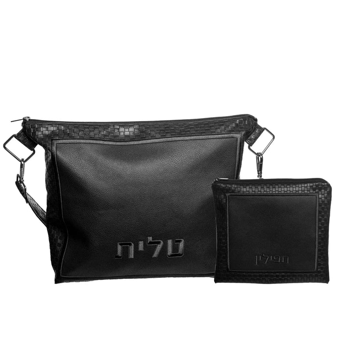 Black leather Travel Tallis and Tefillin set by Waterdale Collection, featuring a shoulder bag with two compartments for portable religious items storage.