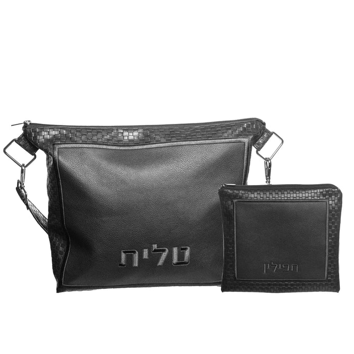 Black leather Travel Tallis and Tefillin set by Waterdale Collection, showing main bag with smaller case, designed for convenient storage and transport.